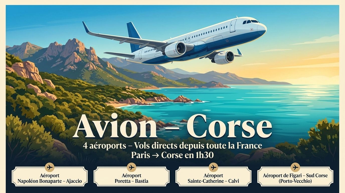 Avion Corse — 4 aéroports : Ajaccio Napoléon Bonaparte, Bastia Poretta, Calvi Sainte-Catherine, Figari Sud Corse — vols directs depuis toute la France, Paris en 1h30