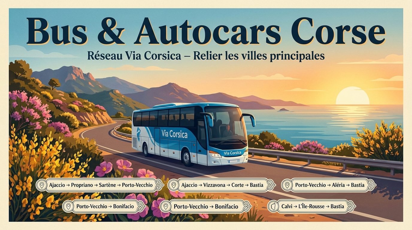 Bus & Autocars Corse — Réseau Via Corsica reliant les villes principales : Ajaccio, Bastia, Porto-Vecchio, Bonifacio, Calvi, Corte