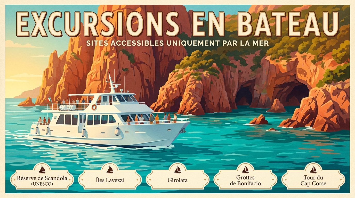 Croisières & Excursions en bateau en Corse — Sites accessibles uniquement par la mer : Réserve de Scandola (UNESCO), Îles Lavezzi, Girolata, Grottes de Bonifacio, Tour du Cap Corse