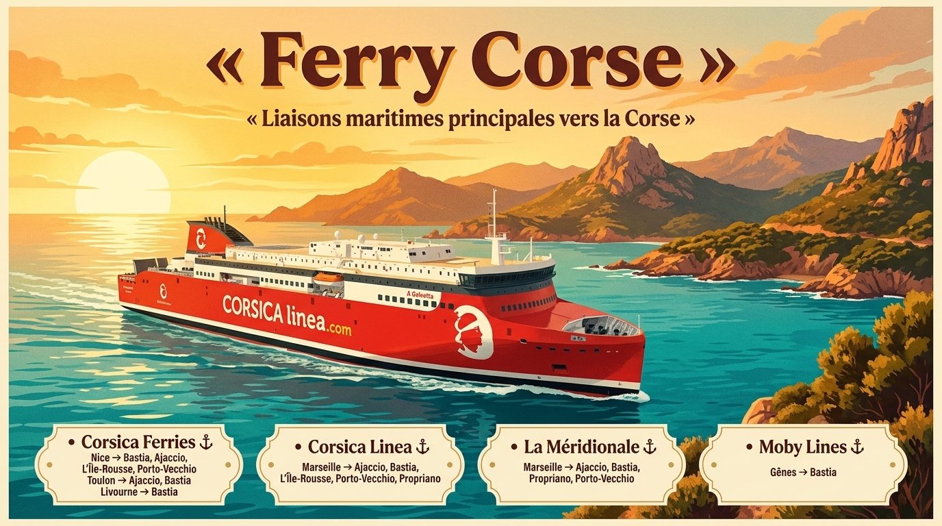 Ferry Corse — Liaisons maritimes principales : Corsica Ferries, Corsica Linea, La Méridionale, Moby Lines depuis Nice, Toulon, Marseille, Livourne, Gênes vers Bastia, Ajaccio, Île-Rousse, Porto-Vecchio, Propriano